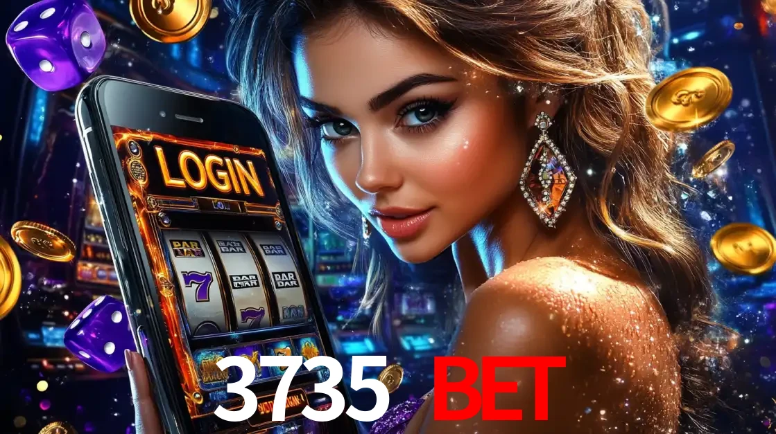 Mulher glamorosa segurando um smartphone com a tela de login para os jogos de caça-níqueis do cassino online 3735 BET, com moedas de ouro e dados ao redor.
