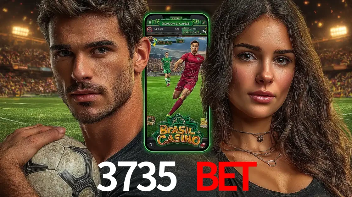 Homem segurando uma bola de futebol e uma mulher ao lado de um smartphone exibindo o jogo de apostas esportivas da 3735 BET. Faça seu palpite no cassino online.